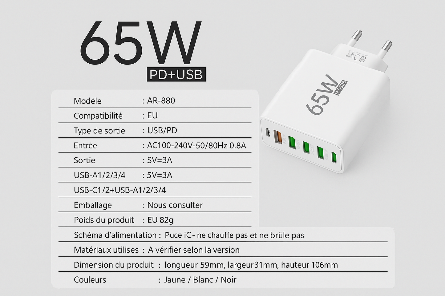 Adaptateur secteur charge rapide 65W - Prise EU