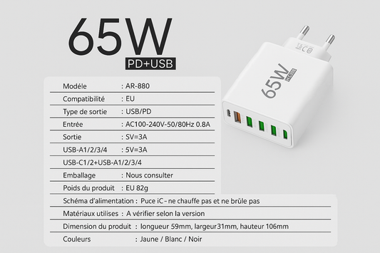 Adaptateur secteur charge rapide 65W - Prise EU